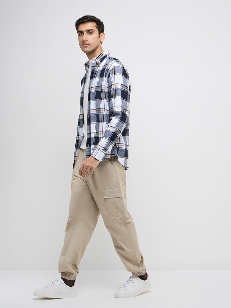 WES Casuals Navy Checks Printed Relaxed-Fit Cotton Shirt