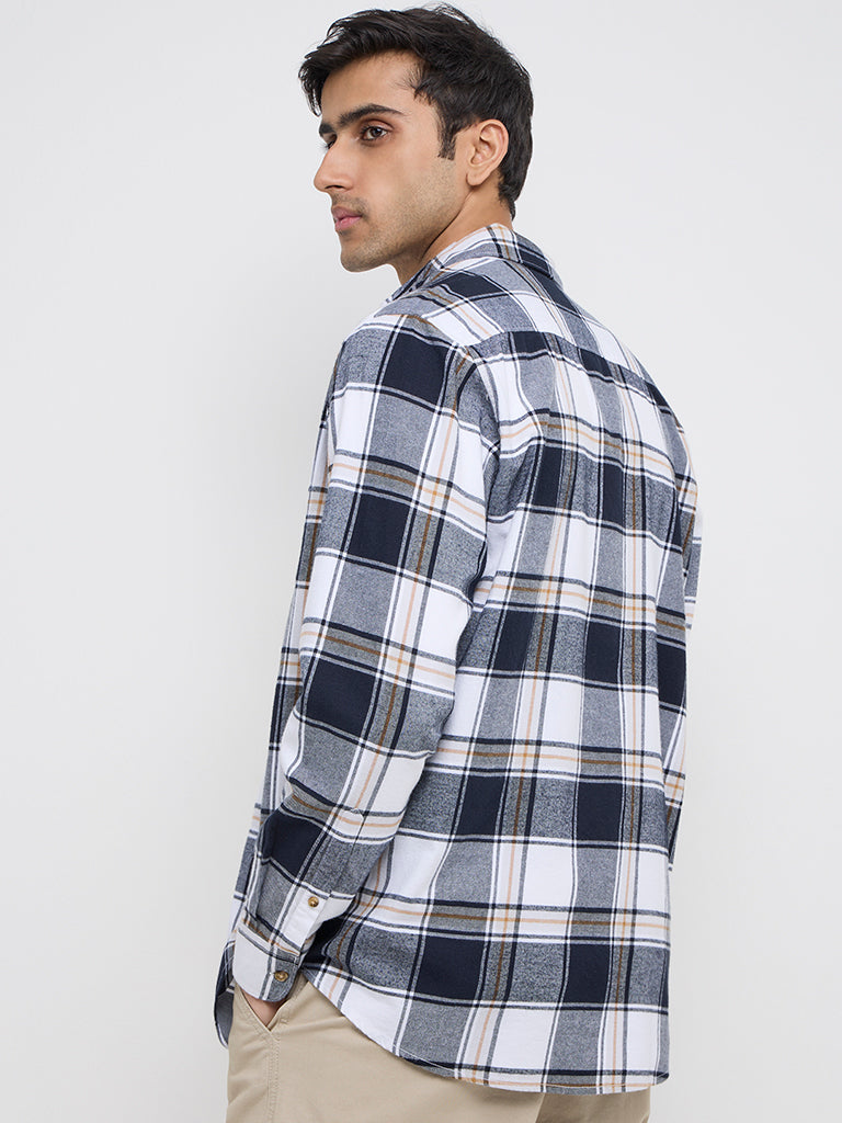 WES Casuals Navy Checks Printed Relaxed-Fit Cotton Shirt