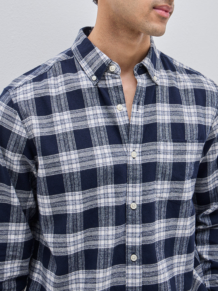 WES Casuals Navy Checkered Relaxed-Fit Cotton Shirt