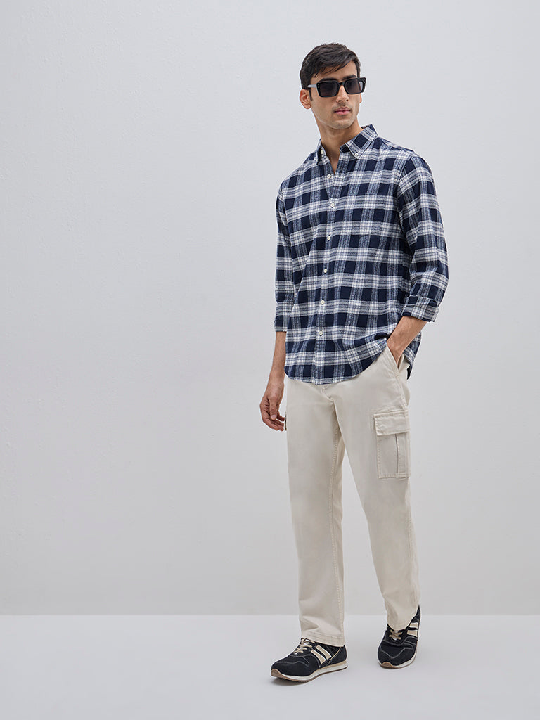 WES Casuals Navy Checkered Relaxed-Fit Cotton Shirt