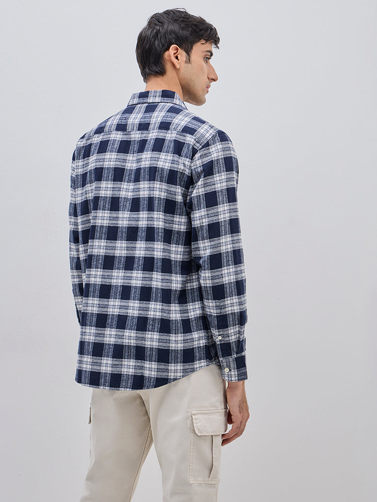 WES Casuals Navy Checkered Relaxed-Fit Cotton Shirt