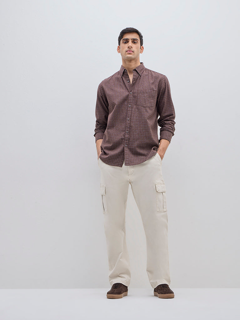 WES Casuals Brown Checks Design Relaxed-Fit Cotton Shirt