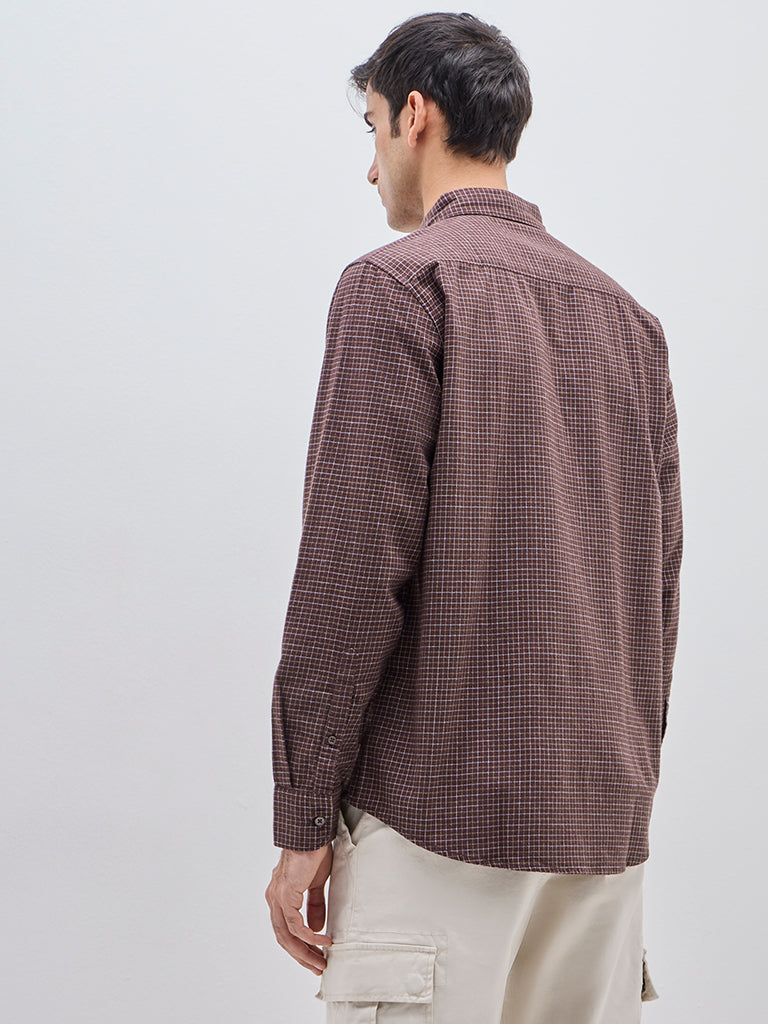 WES Casuals Brown Checks Design Relaxed-Fit Cotton Shirt