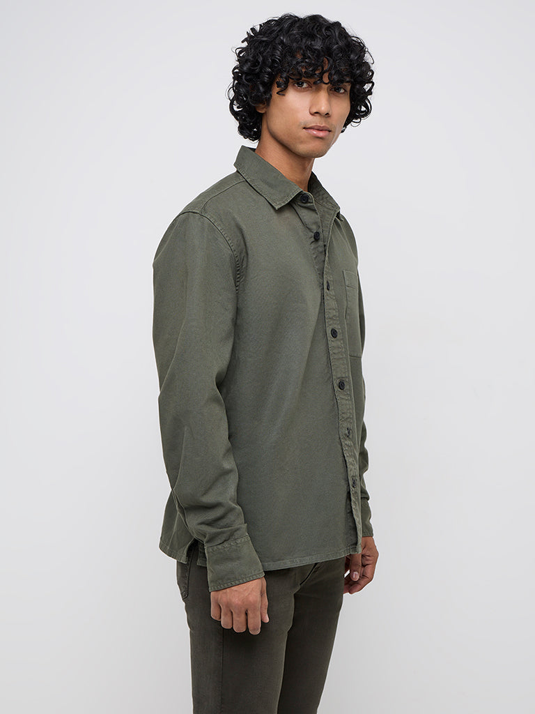 WES Casuals Olive Relaxed-Fit Cotton Shirt