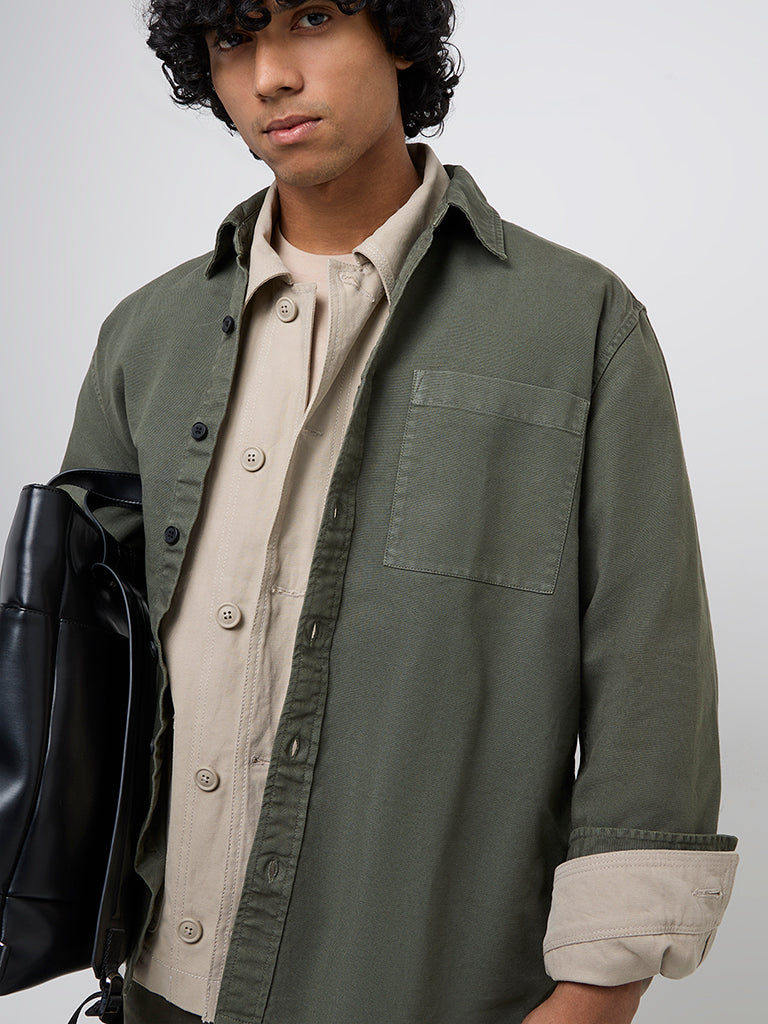 WES Casuals Olive Relaxed-Fit Cotton Shirt