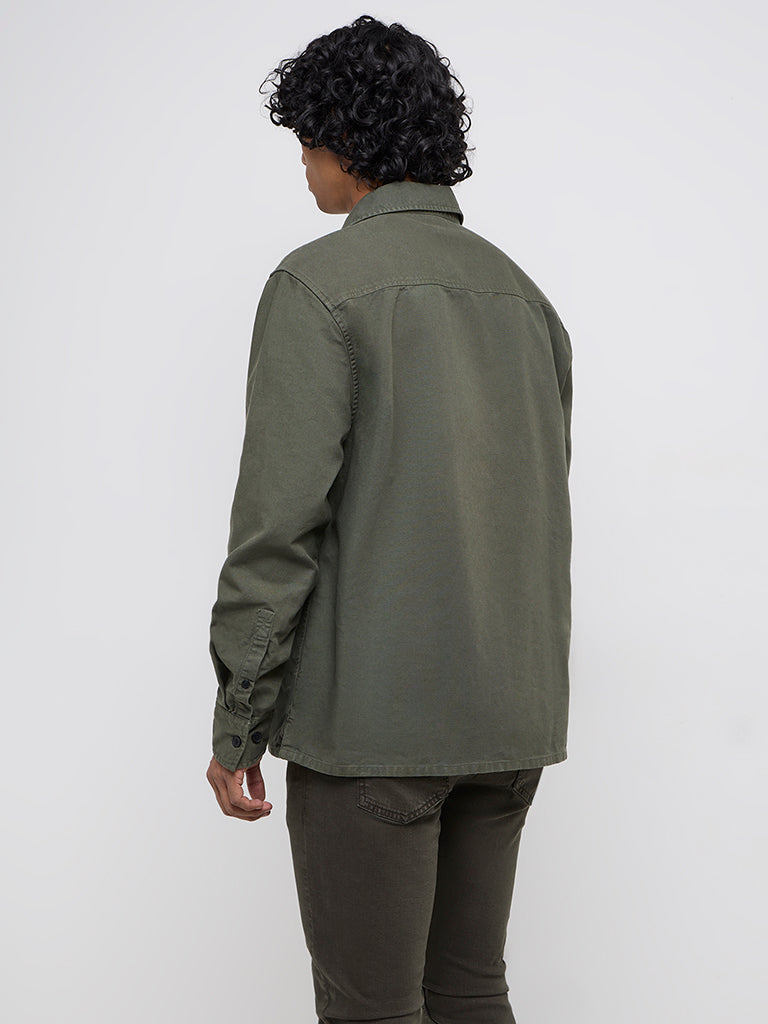 WES Casuals Olive Relaxed-Fit Cotton Shirt