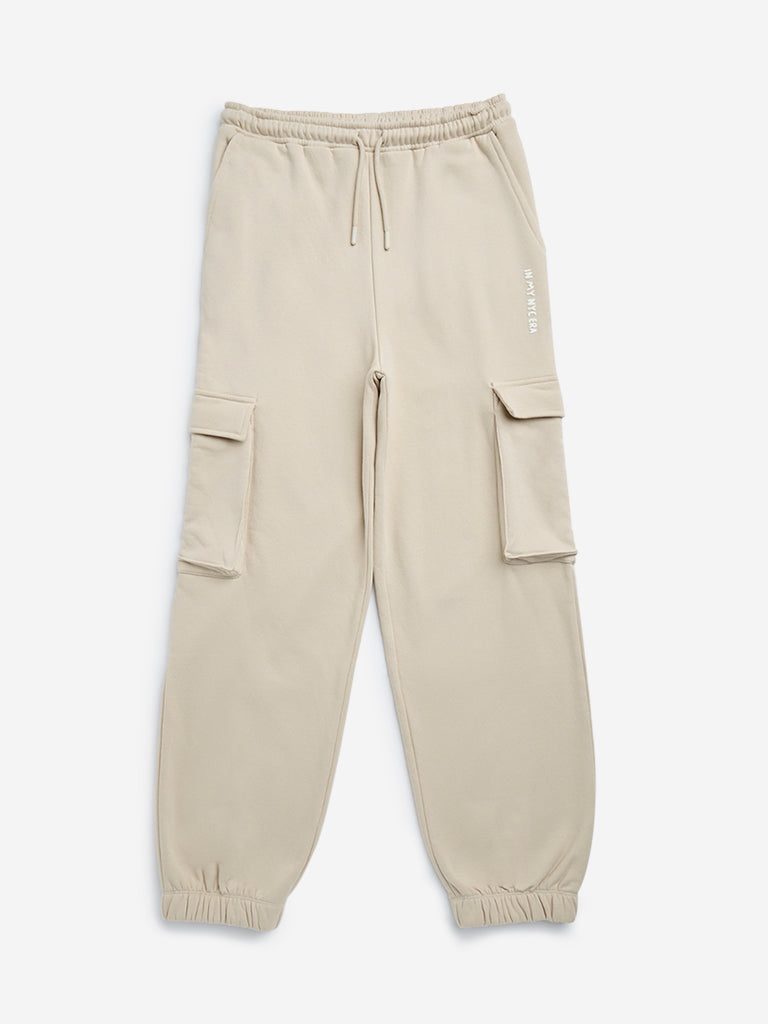 Y&F Kids Beige Cargo-Style Mid-Rise Cotton-Blend Joggers