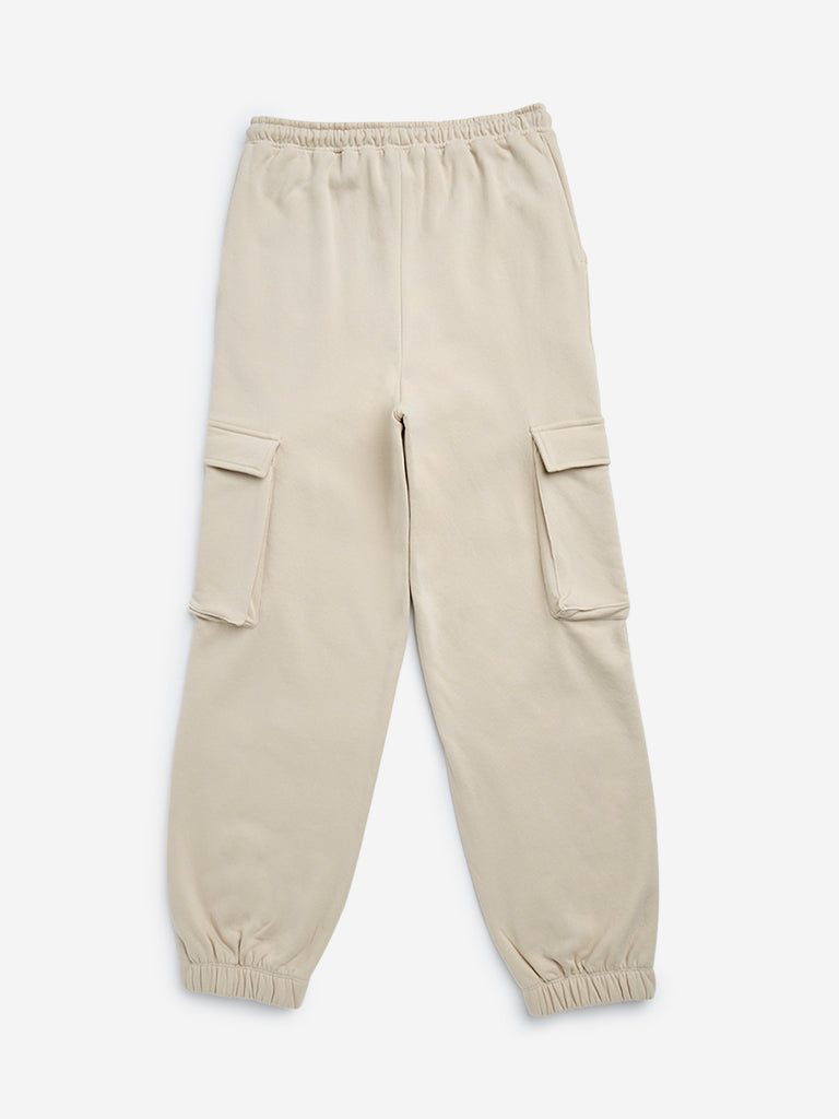 Y&F Kids Beige Cargo-Style Mid-Rise Cotton-Blend Joggers