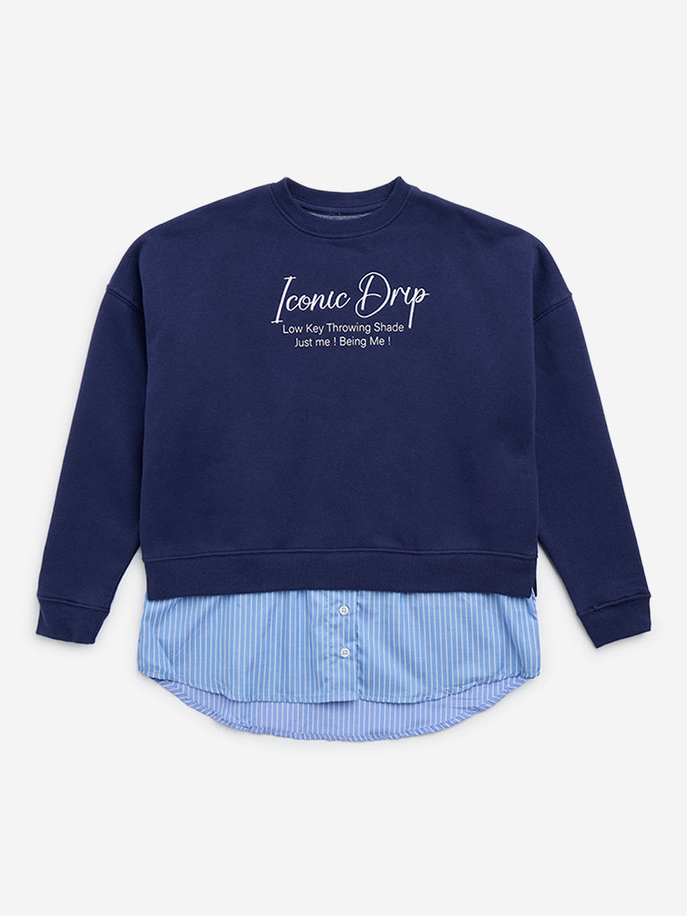 Y&F Kids Navy Text Embroidered Cotton-Blend Sweatshirt