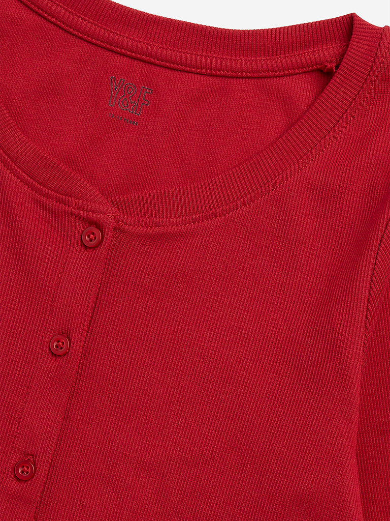 Y&F Kids Red Ribbed Textured Cotton Blend T-Shirt