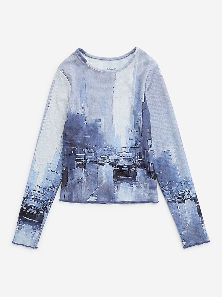 Y&F Kids Blue Cityscape-Print Top