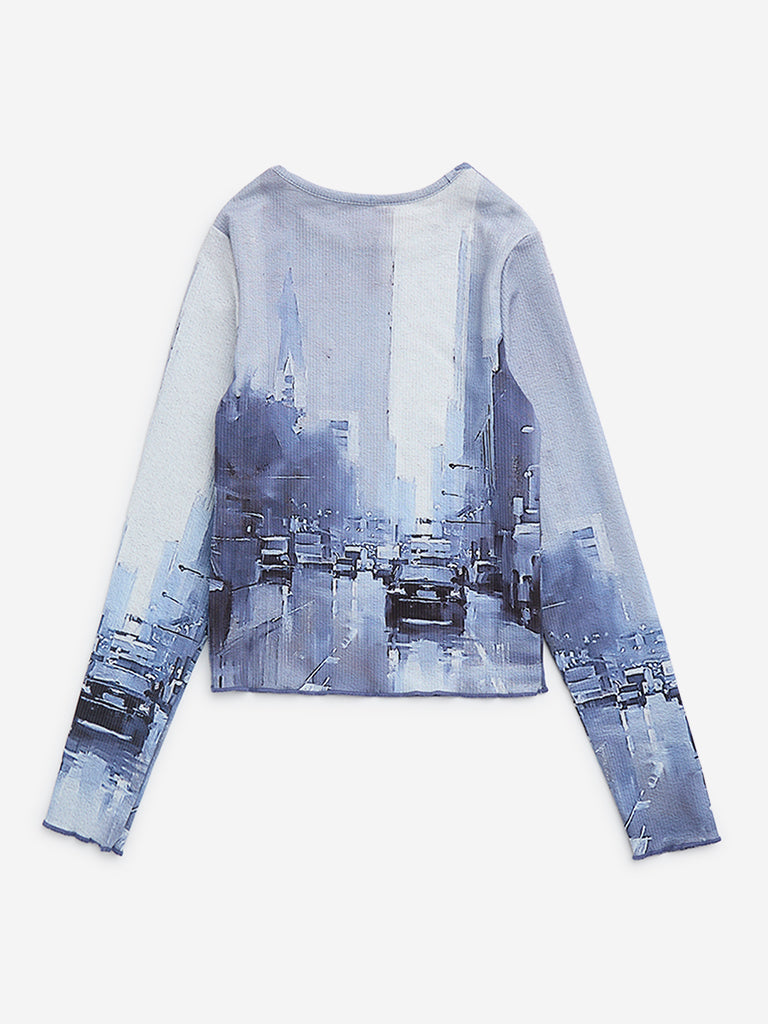 Y&F Kids Blue Cityscape-Print Top