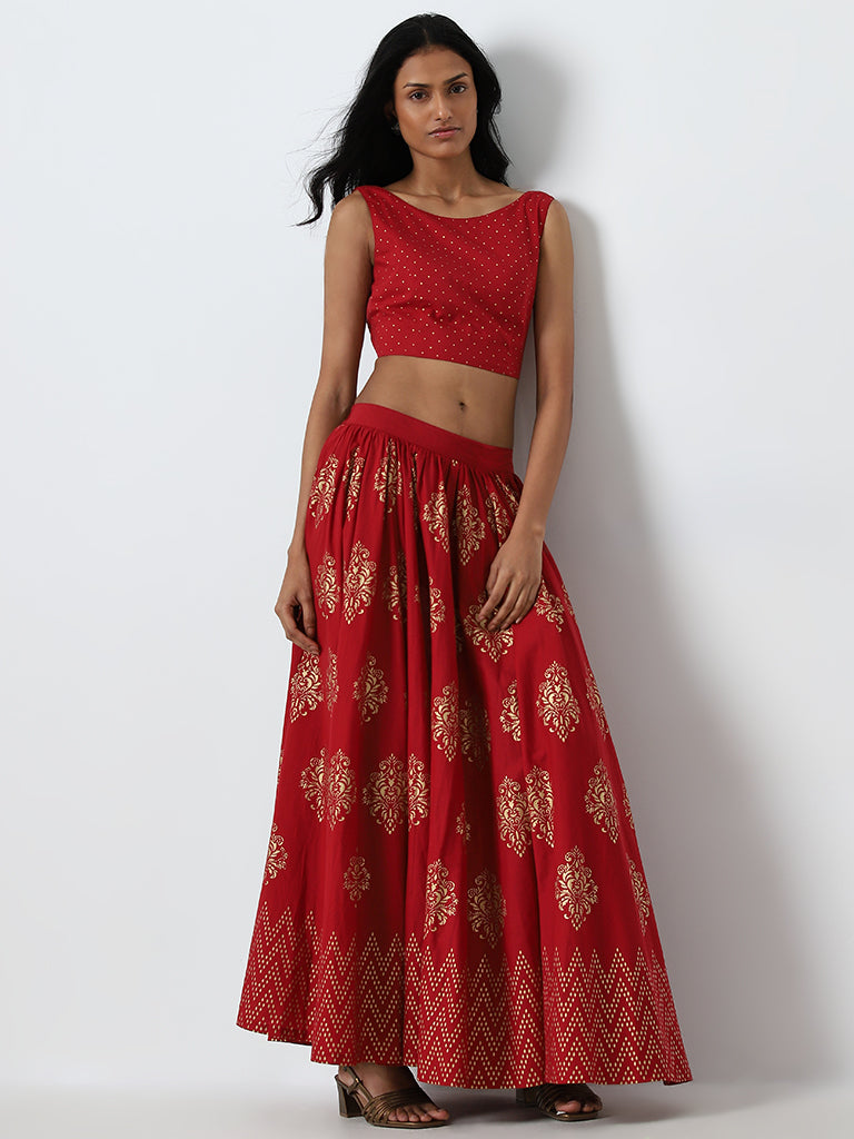 Utsa Red Badla Printed Crop Blouse