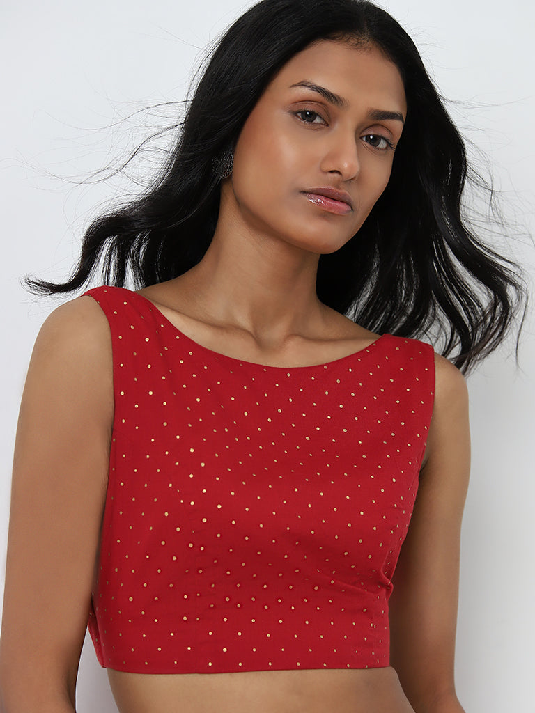 Utsa Red Badla Printed Crop Blouse