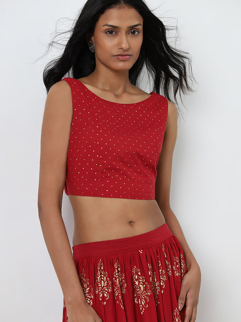 Utsa Red Badla Printed Crop Blouse