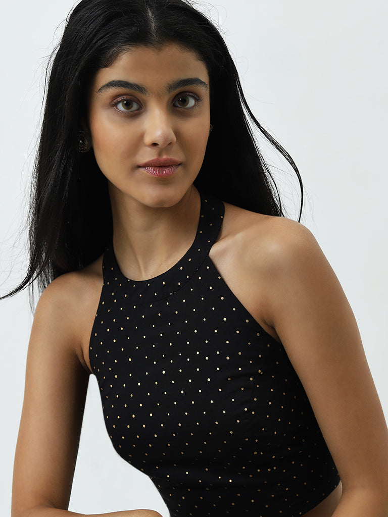 Utsa Black Badla Printed Cotton Crop Blouse