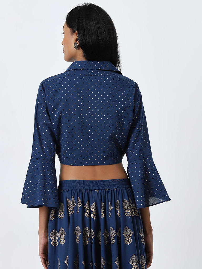 Utsa Navy Badla Printed Cotton Crop Blouse