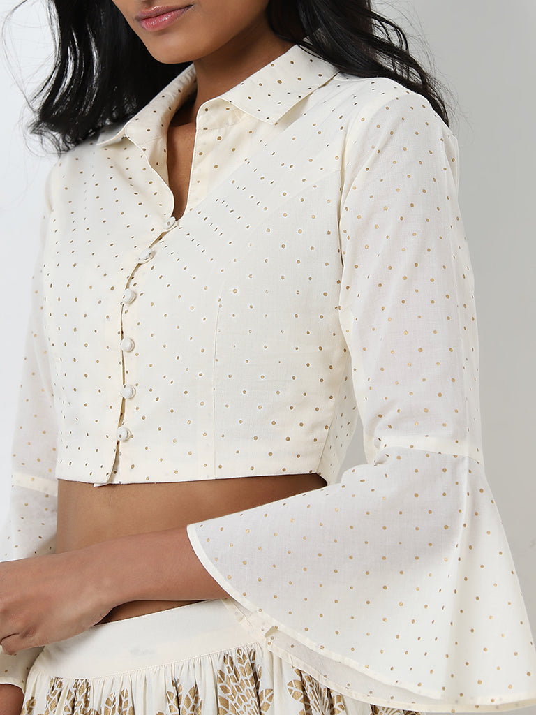 Utsa Off-White Polka Dot Printed Cotton Crop Blouse