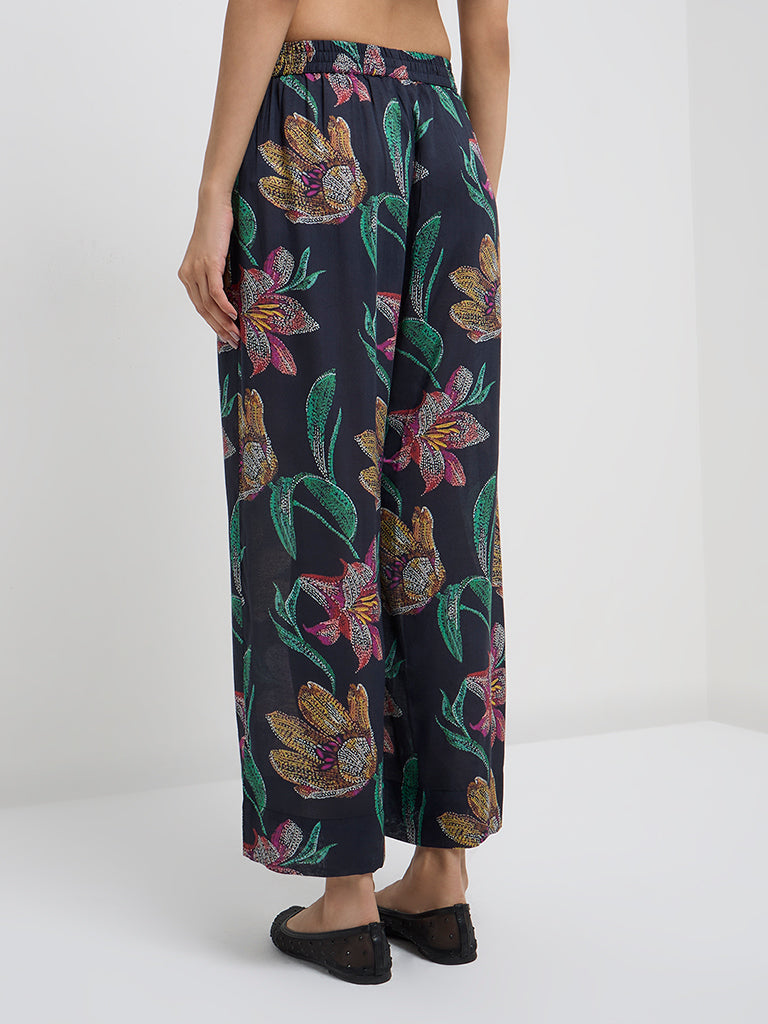 Utsa Black Floral Design High-Rise Ethnic Pants