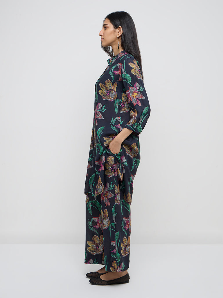 Utsa Black Floral Design High-Rise Ethnic Pants