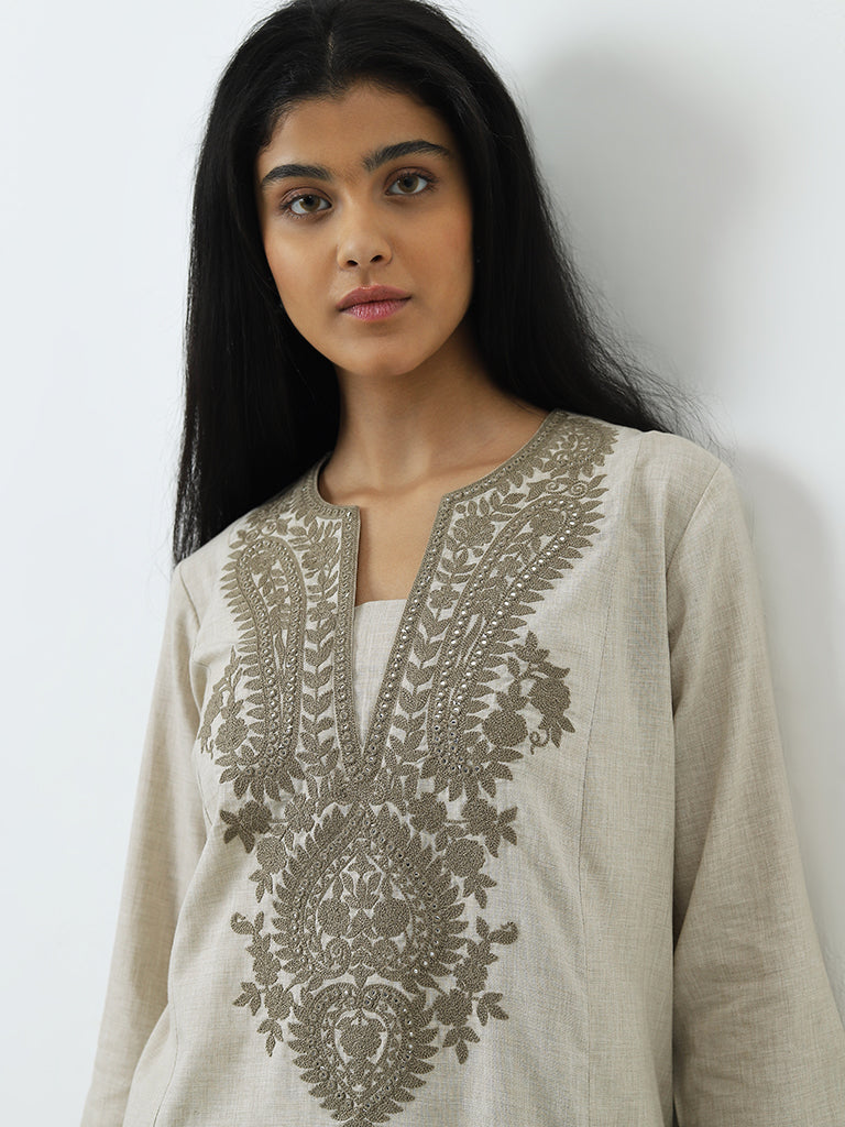 Utsa Beige Floral Embroidered A-Line Cotton Kurta