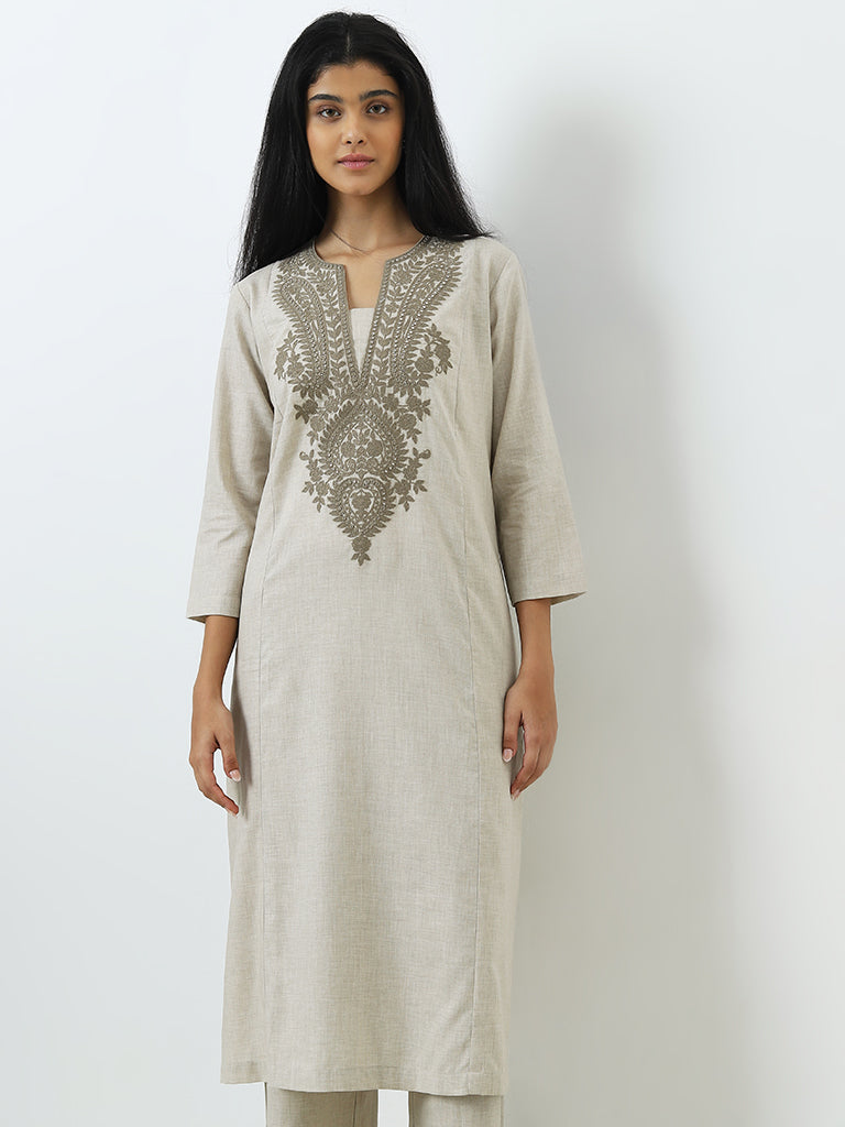 Utsa Beige Floral Embroidered A-Line Cotton Kurta