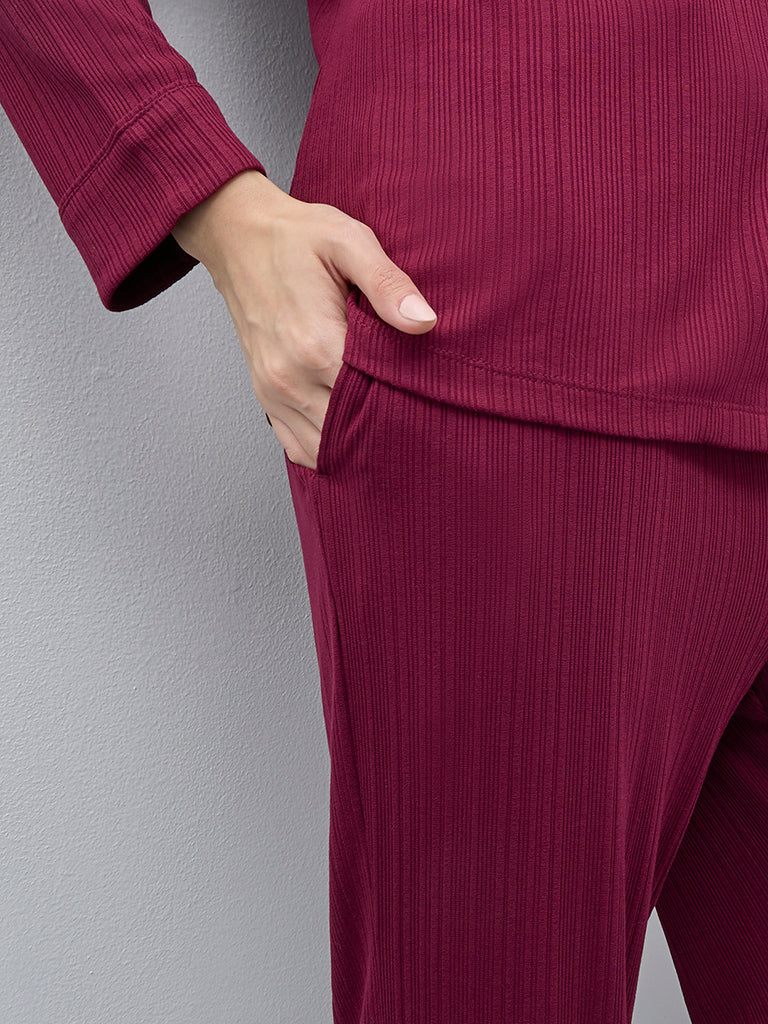 Wunderlove Maroon Supersoft Ribbed High-Rise Lounge Pants