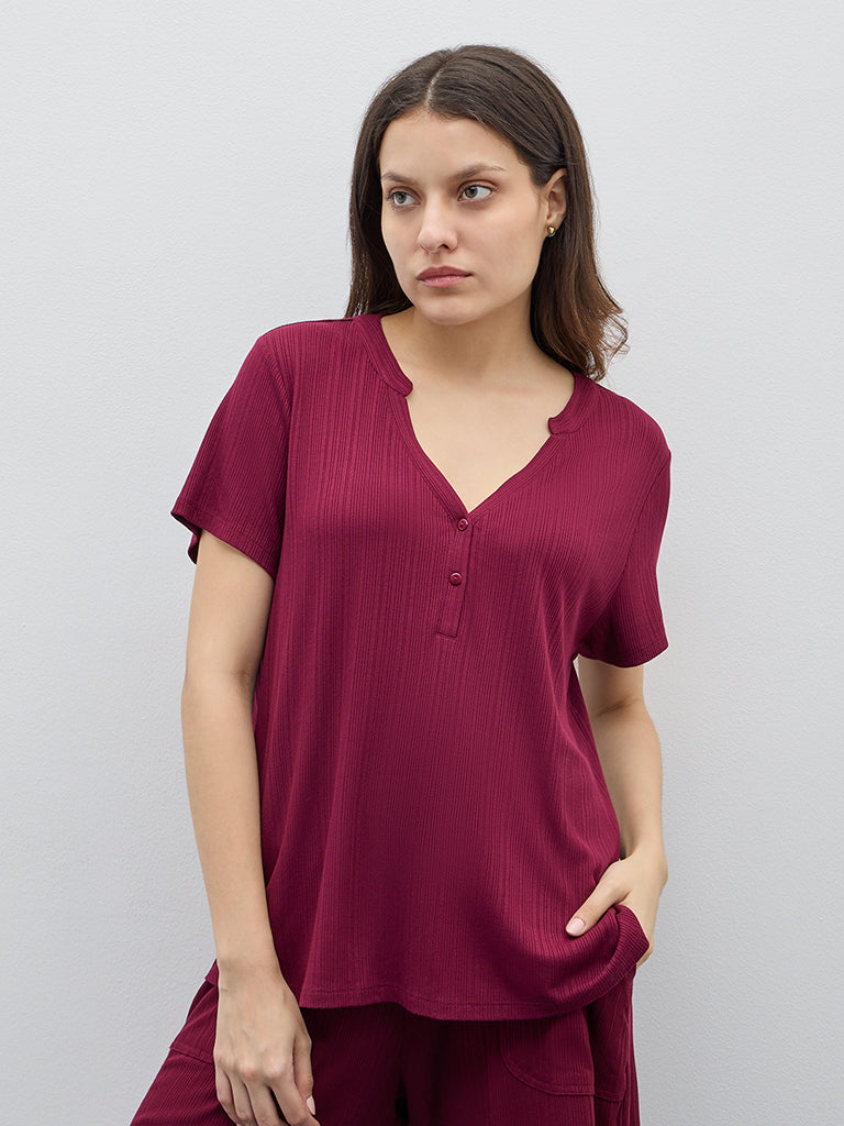 Wunderlove Maroon Supersoft Ribbed Henley Top