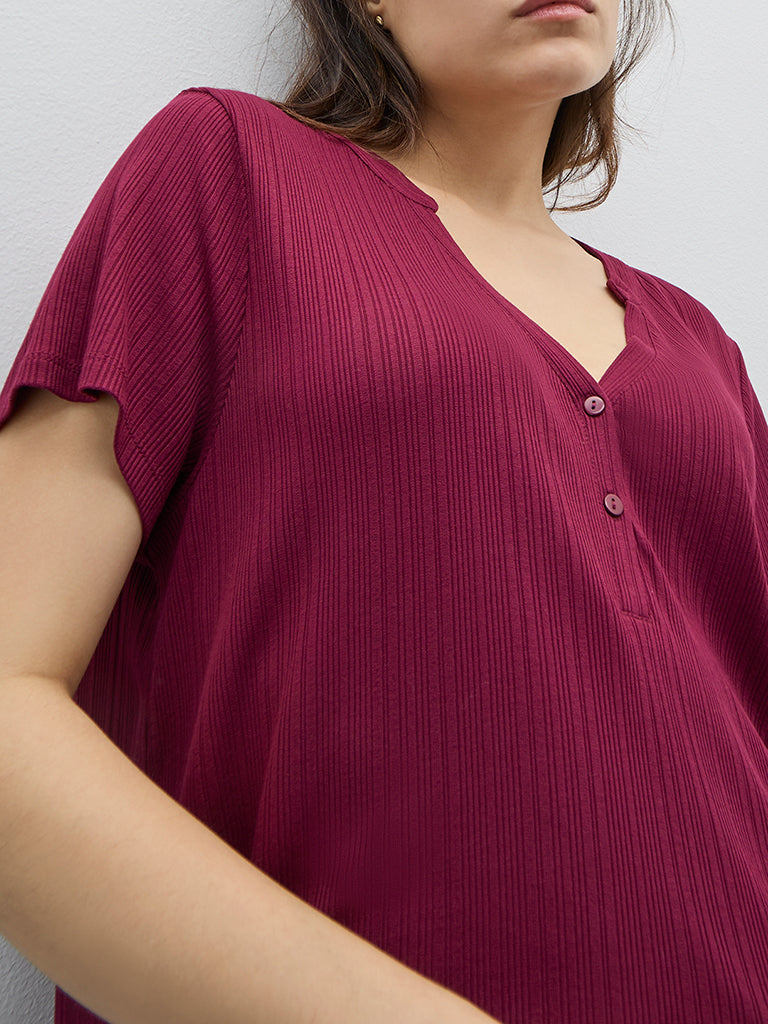 Wunderlove Maroon Supersoft Ribbed Henley Top