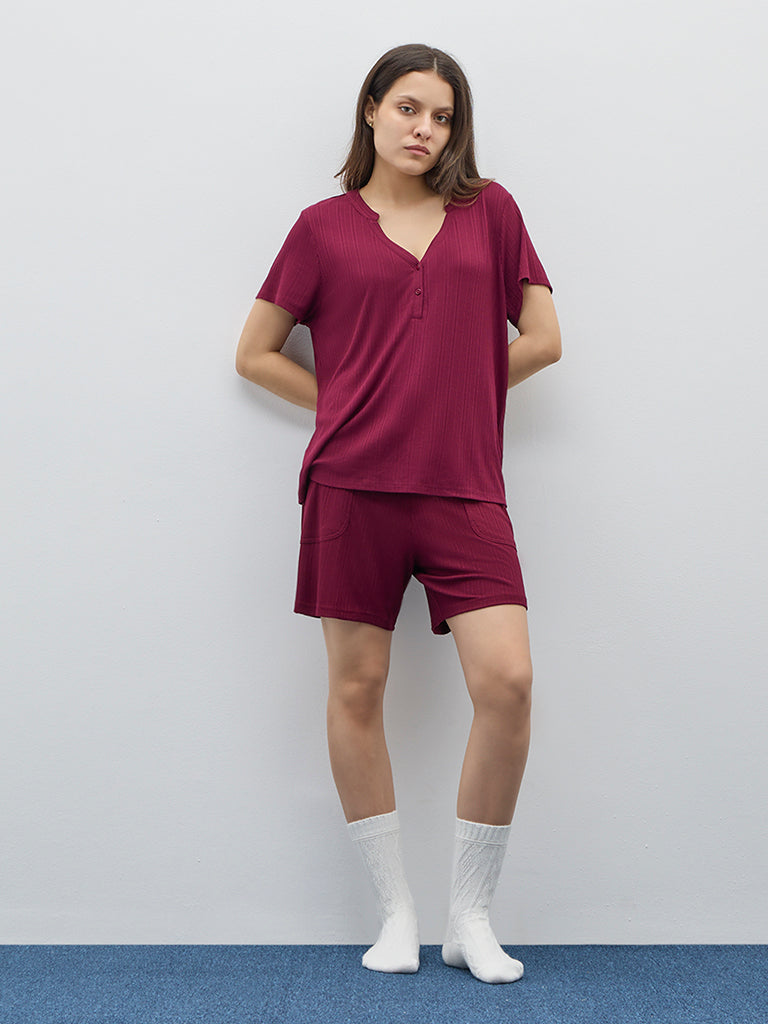 Wunderlove Maroon Supersoft Ribbed Henley Top