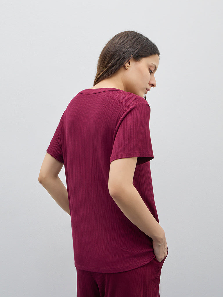 Wunderlove Maroon Supersoft Ribbed Henley Top