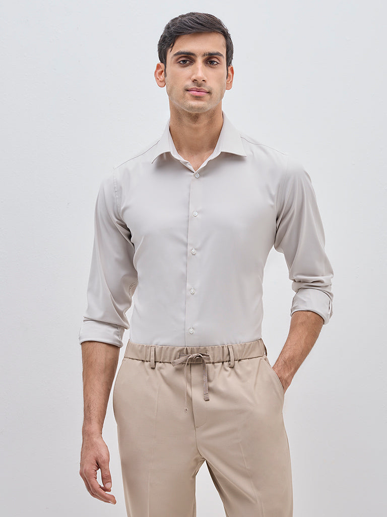 WES Formals Beige Solid Slim-Fit Shirt