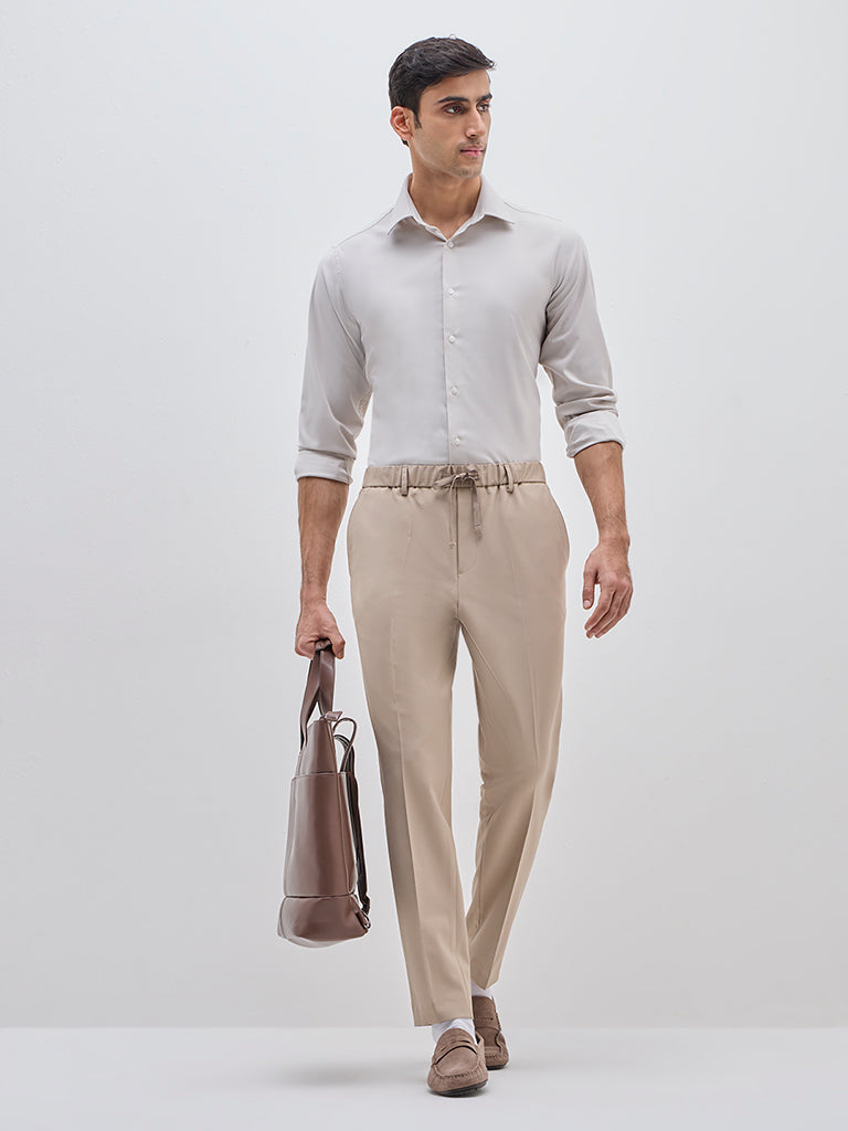 WES Formals Beige Solid Slim-Fit Shirt