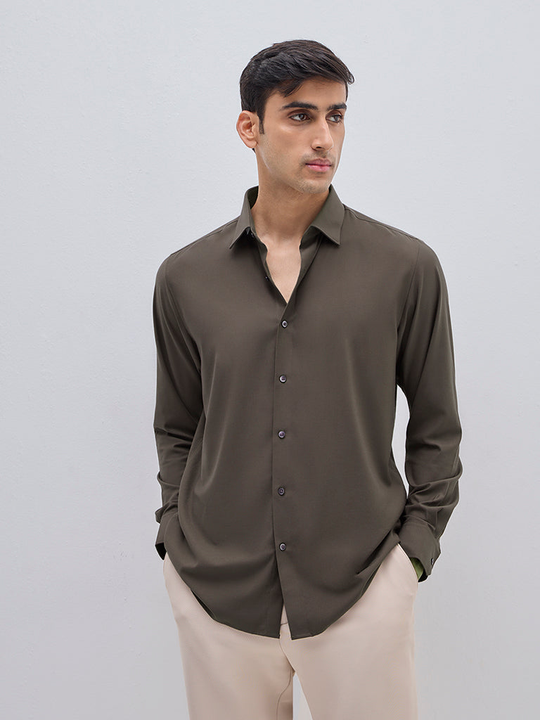 WES Formals Brown Slim-Fit Shirt