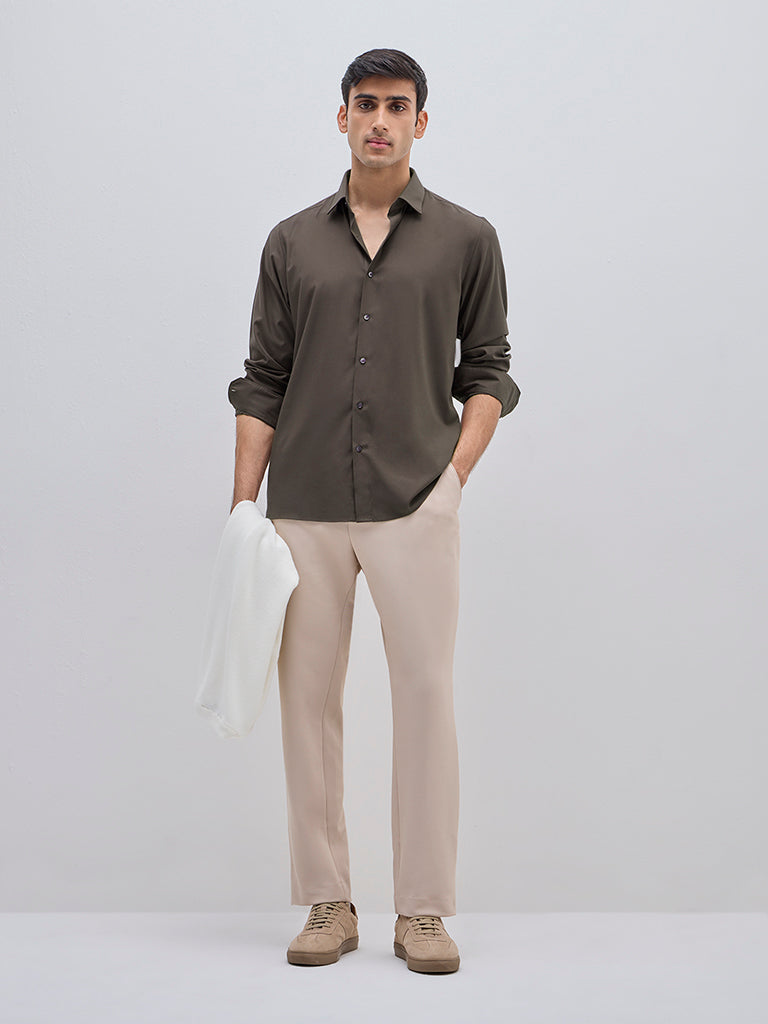 WES Formals Brown Slim-Fit Shirt