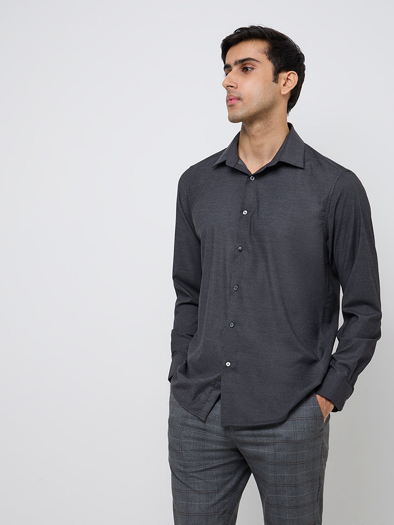 WES Formals Charcoal Solid Slim-Fit Shirt