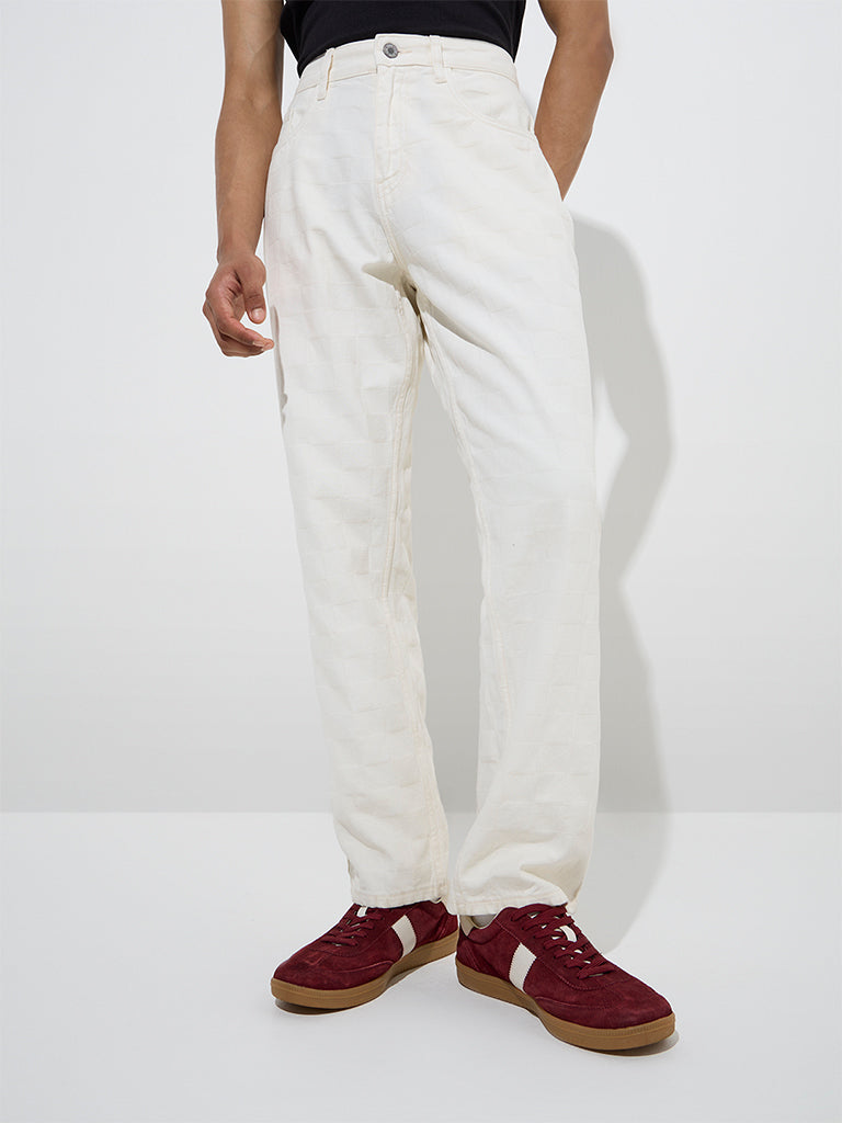 Nuon White Self-Patterned Relaxed - Fit Mid - Rise Jeans