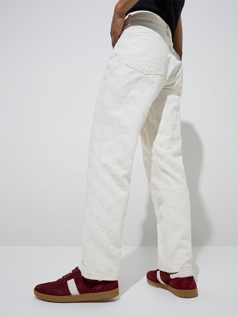 Nuon White Self-Patterned Relaxed - Fit Mid - Rise Jeans