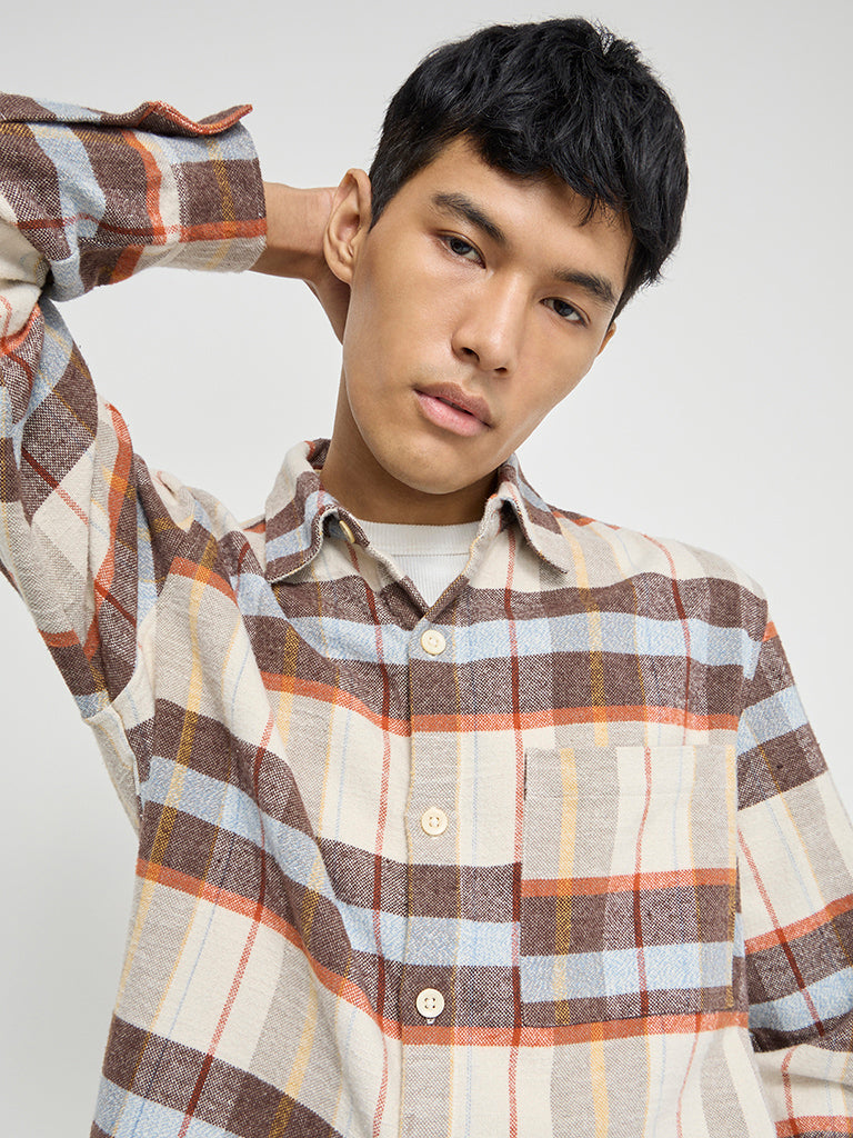 Nuon Brown Checkered Relaxed-Fit Cotton Shirt