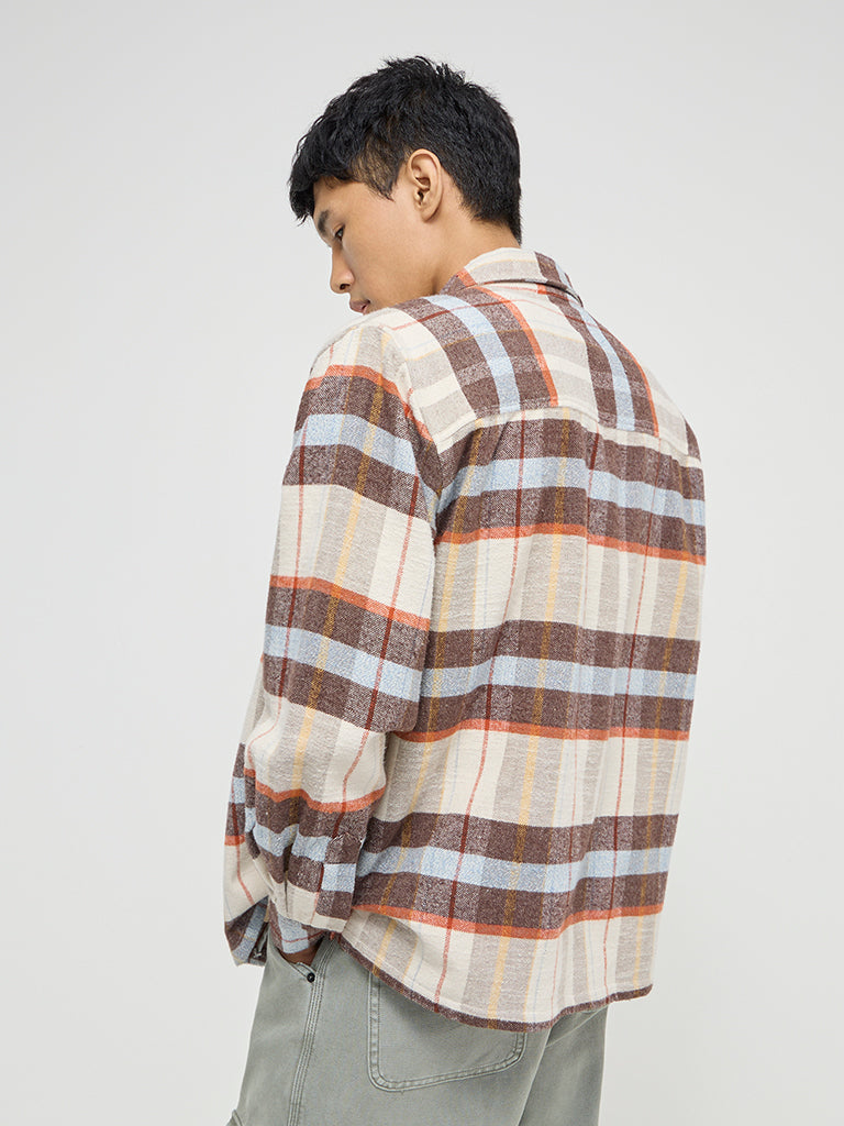 Nuon Brown Checkered Relaxed-Fit Cotton Shirt