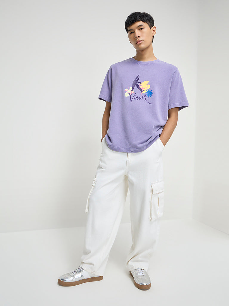 Nuon Purple Text Printed Relaxed-Fit Cotton T-Shirt