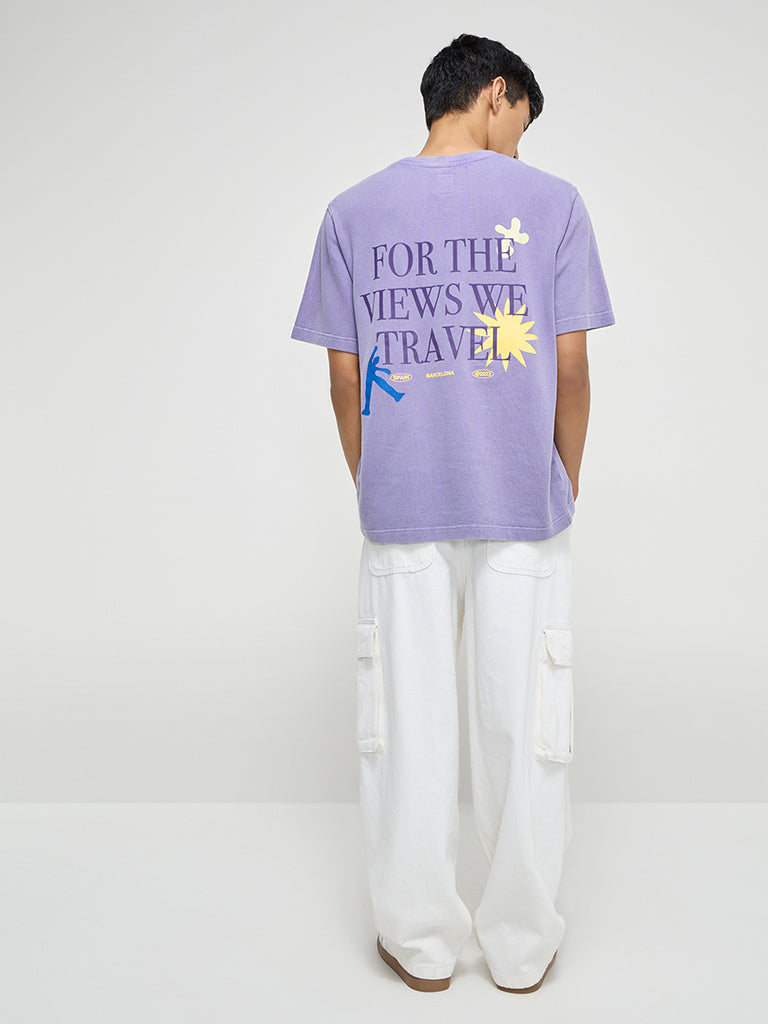 Nuon Purple Text Printed Relaxed-Fit Cotton T-Shirt