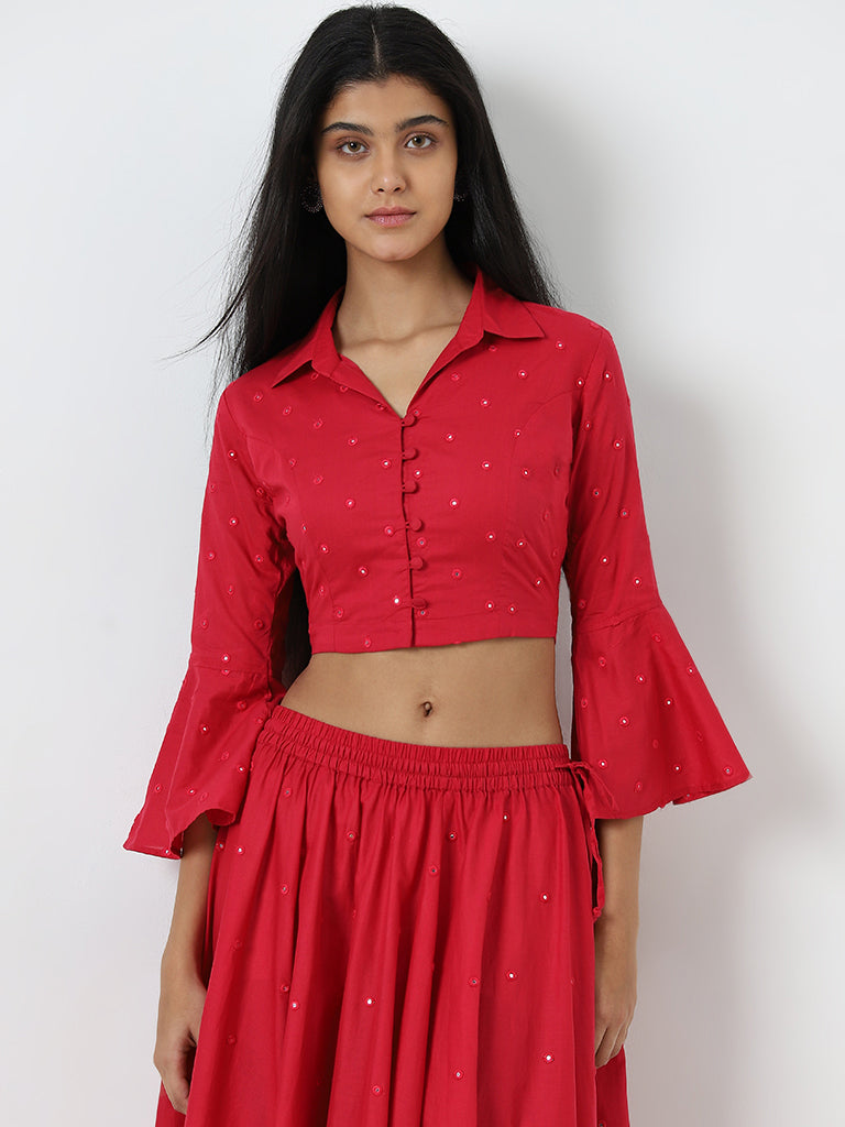 Utsa Pink Mirror Work Detailed Cotton Blouse