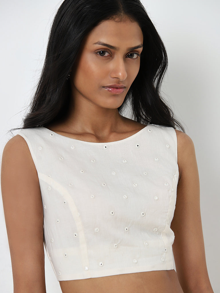 Utsa Off-White Mirror Embellished Cotton Blouse