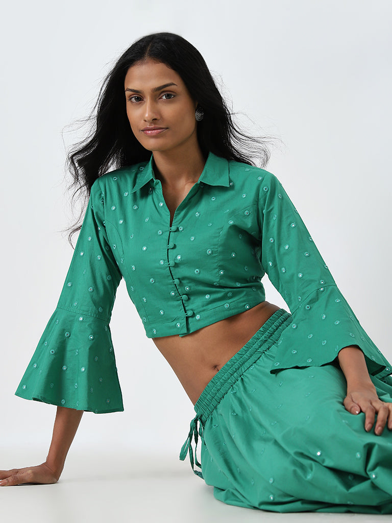 Utsa Green Mirror Work Cotton Crop Blouse