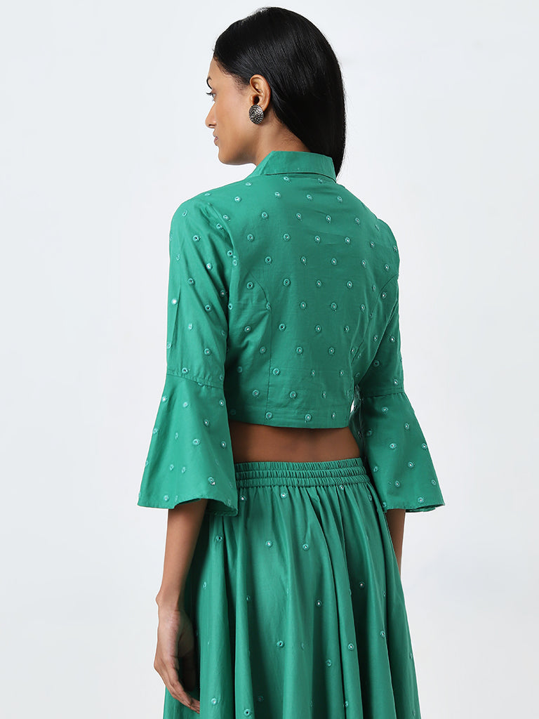 Utsa Green Mirror Work Cotton Crop Blouse