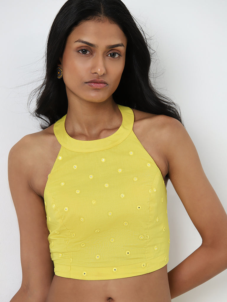 Utsa Yellow Mirror Work Cotton Crop Blouse