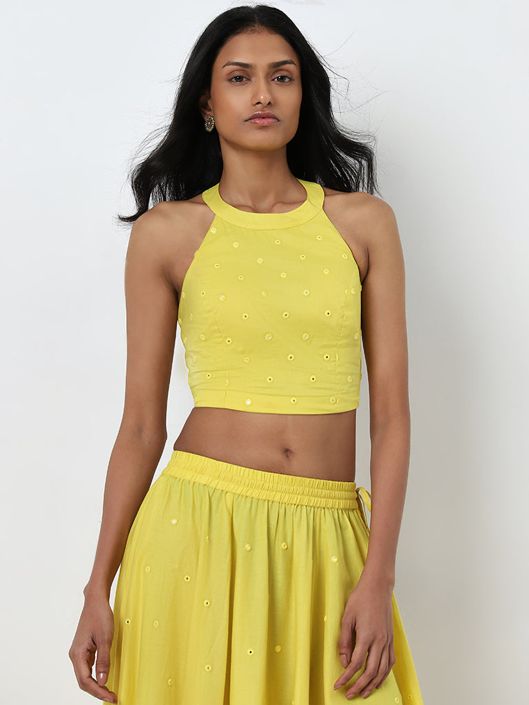 Utsa Yellow Mirror Work Cotton Crop Blouse