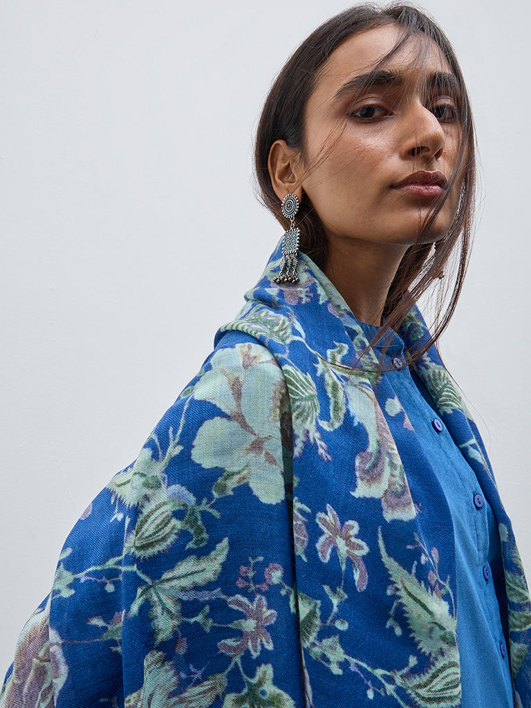 Utsa Blue Floral Printed Woollen Shawl