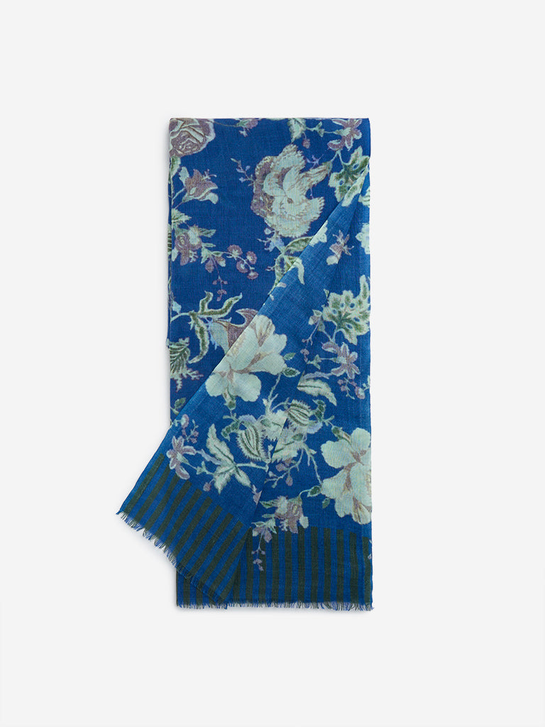 Utsa Blue Floral Printed Woollen Shawl